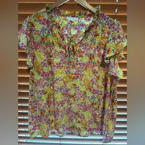 Cynthia Rowley Yellow Pink Orange Floral Tie-Neck Blouse